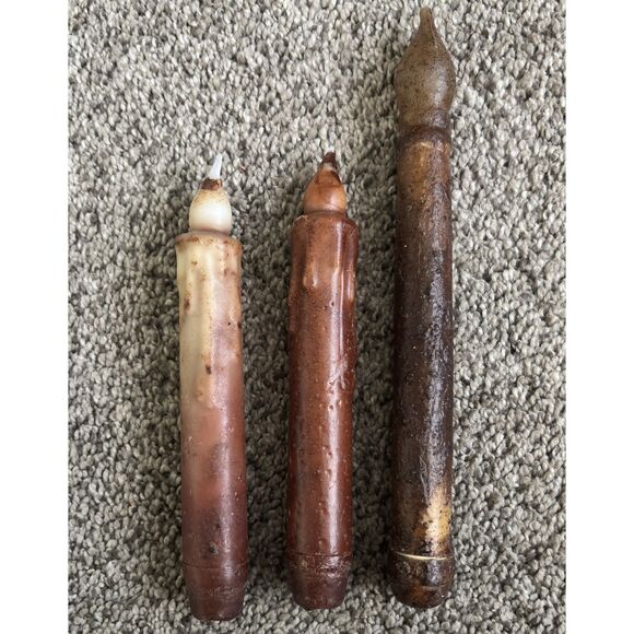 Set Of 3 Primitive Rustic Decor Farmhouse Fake Wax Candlestick Candles 9"& 7" #H - Picture 1 of 5